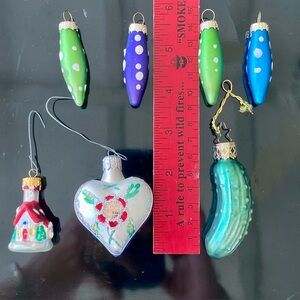 7 European Mini Ornaments. Glass. Colorful Glass Ornament Set